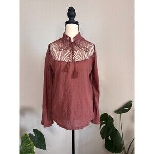 Free People Boho Crochet Lace Blouse Top Long Sleeve Tassel Detail Size M